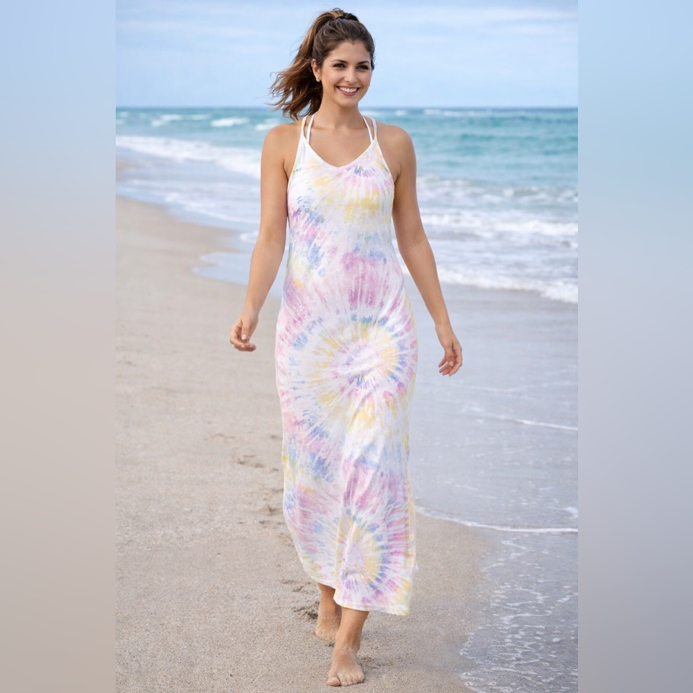 Miken TIE DYE Cover Up Dress Size Small V-Neck Maxi Pastels Beach Pool Ocean